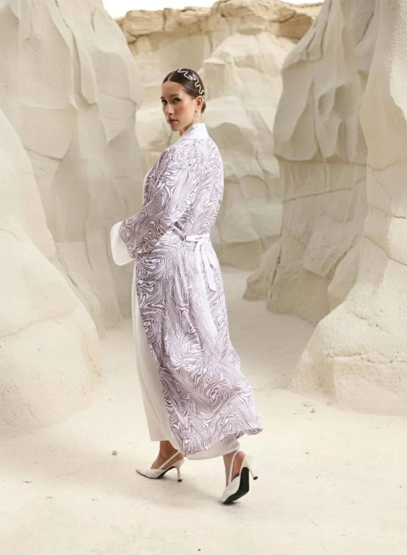 Ishin  Mauve Abstract print layered Abaya with Hijab for Women | Best Price UAE
